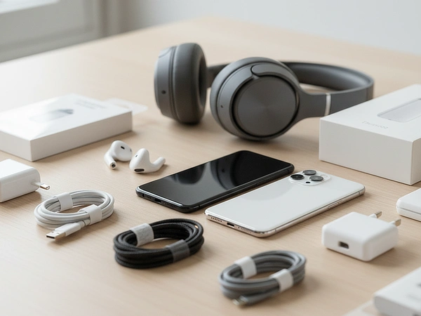 Accesorios para celulares modernos, cables, cargadores y audífonos.